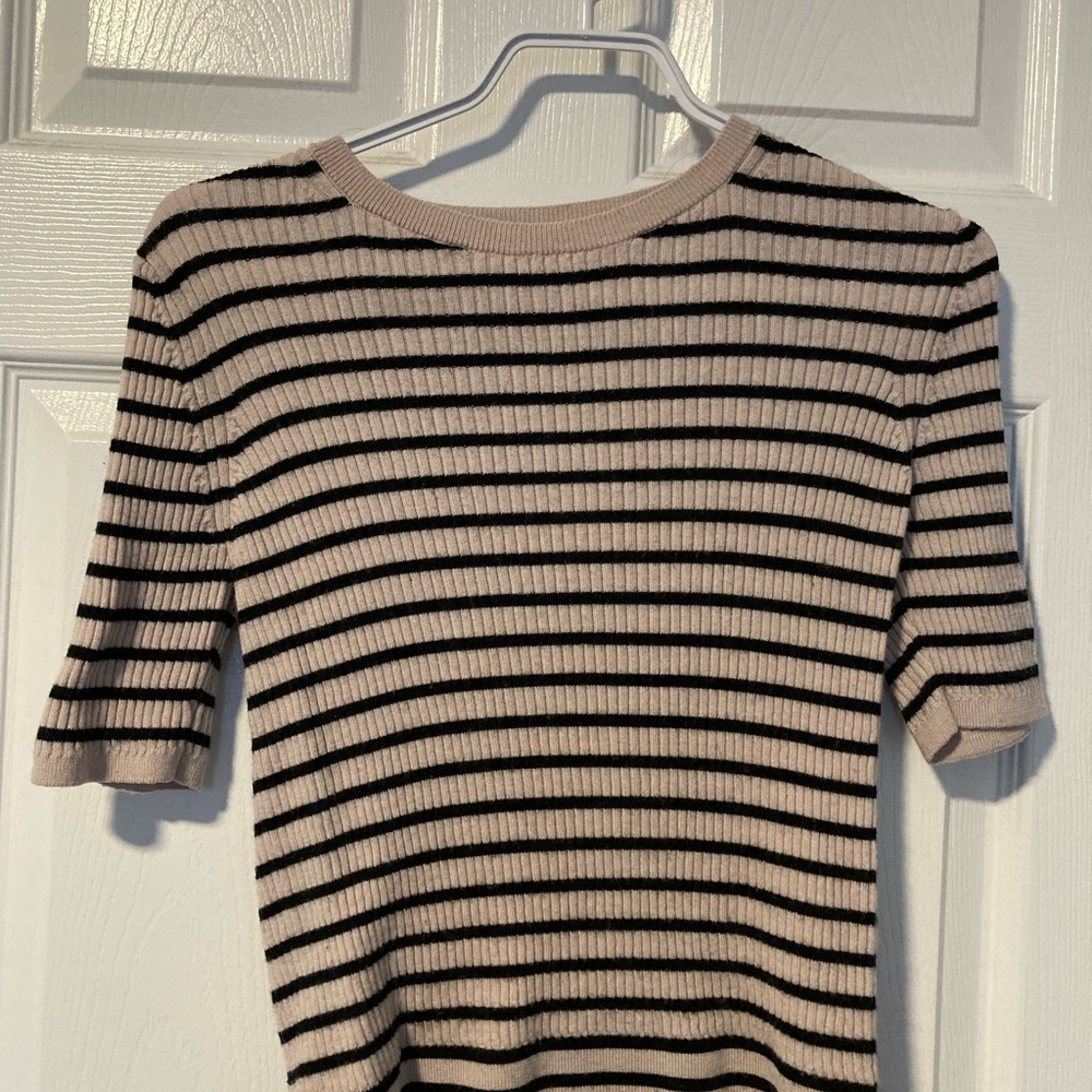 Striped Short Sleeve Knit Sweater - Beige and Black